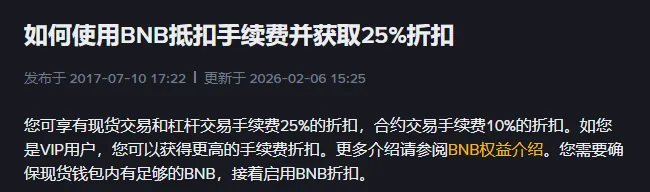 币安帮助中心《如何使用BNB抵扣手续费并获取25%折扣》开头：现货和杠杆交易手续费 25% 折扣，合约交易手续费 10% 折扣